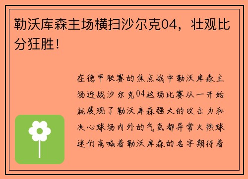 勒沃库森主场横扫沙尔克04，壮观比分狂胜！
